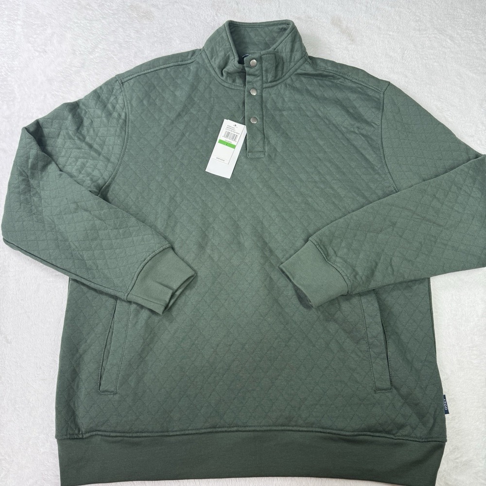 IZOD Sport Mens Large Quilted Pullover Jacket Green Diamond Snap Mock Neck NWT